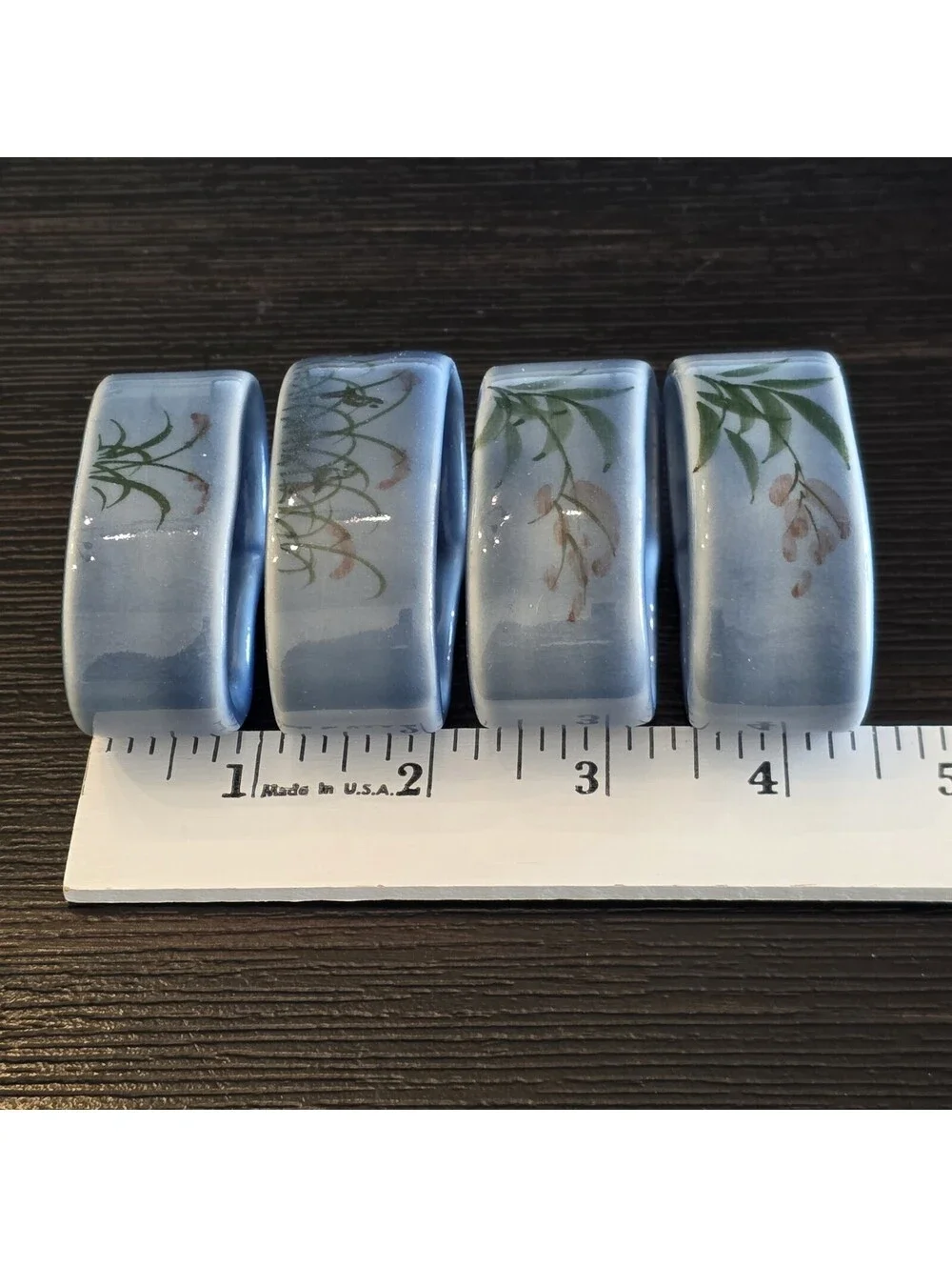 Set Of 4 Ceramic Floral Napkin Rings Light Blue Botanical Table Decor EUC